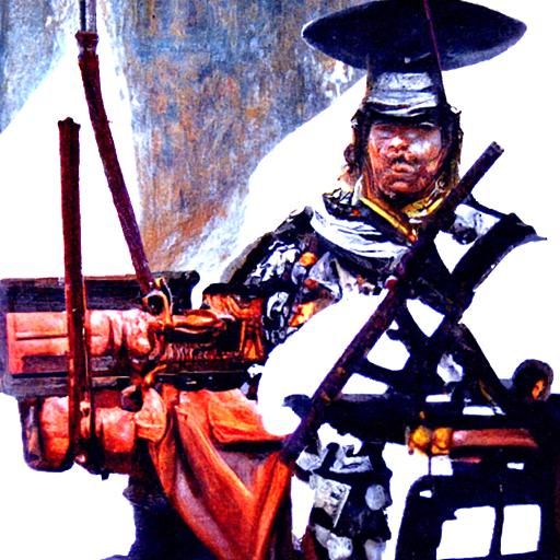 Samurai Warrior with Flintlock Pistol as Oil Painting