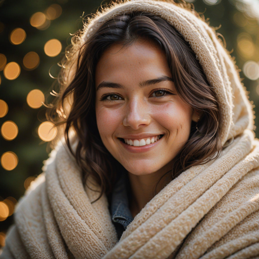 Warm smiling face wrapped in a fuzzy blanket warm colours