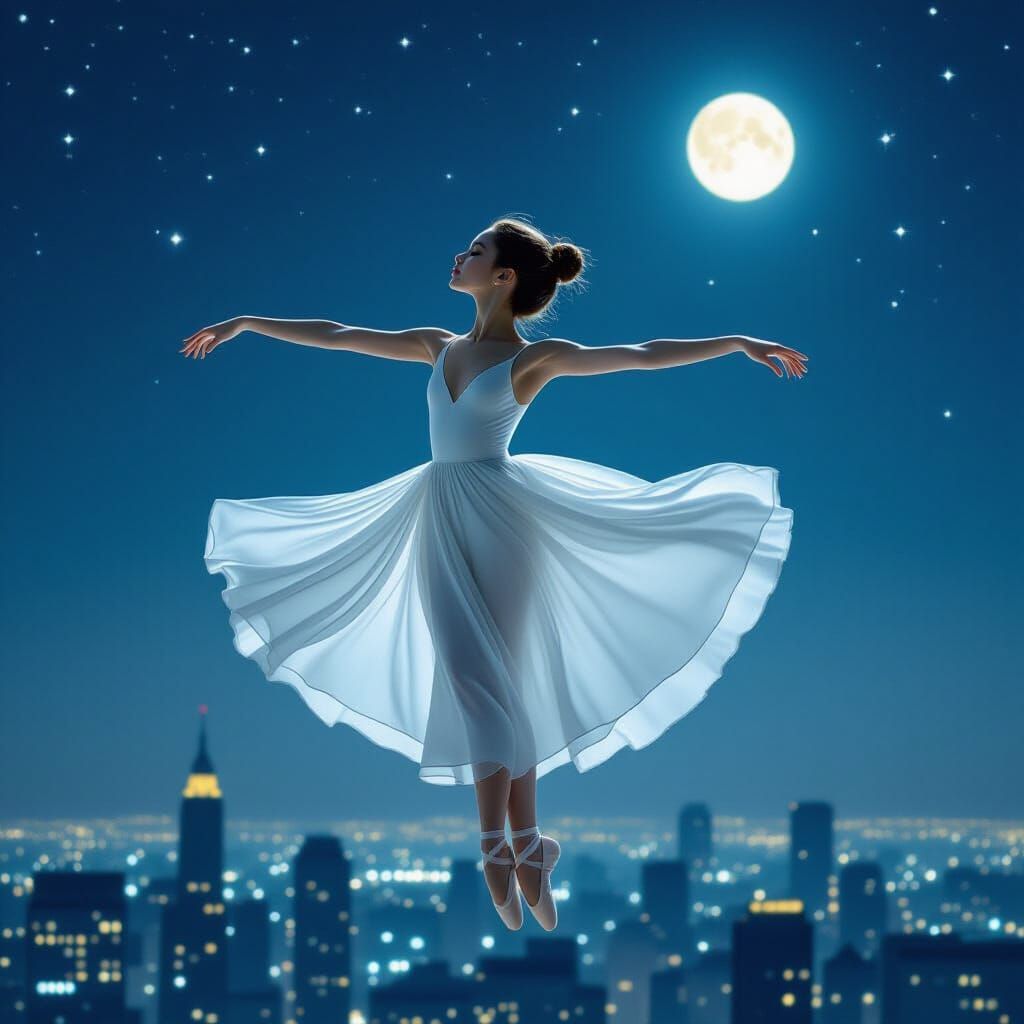 Ballerina Dancing in Night Sky, Dreamy Pastel Art