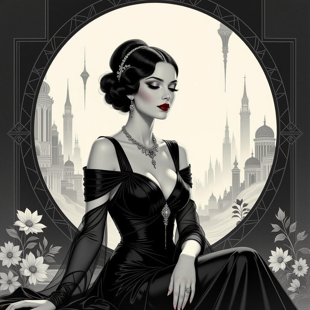 Elegant Woman in Surreal Art Deco Charcoal Drawing