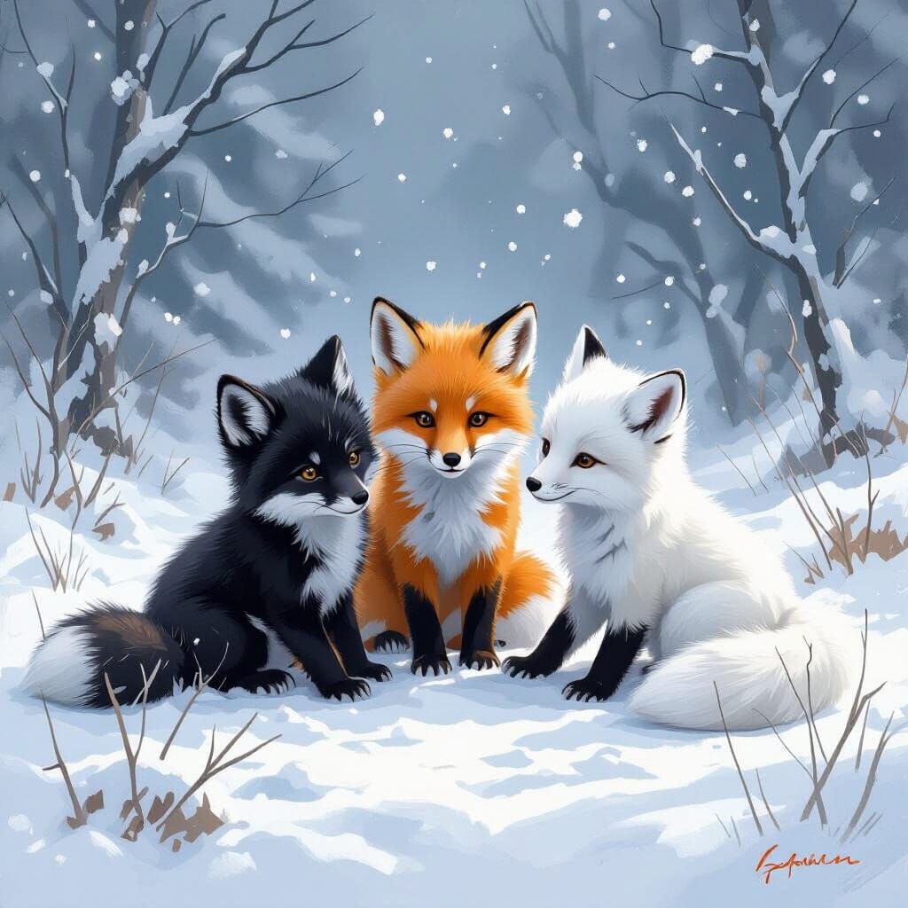 Fox Kits Playing in Snowy Landscape