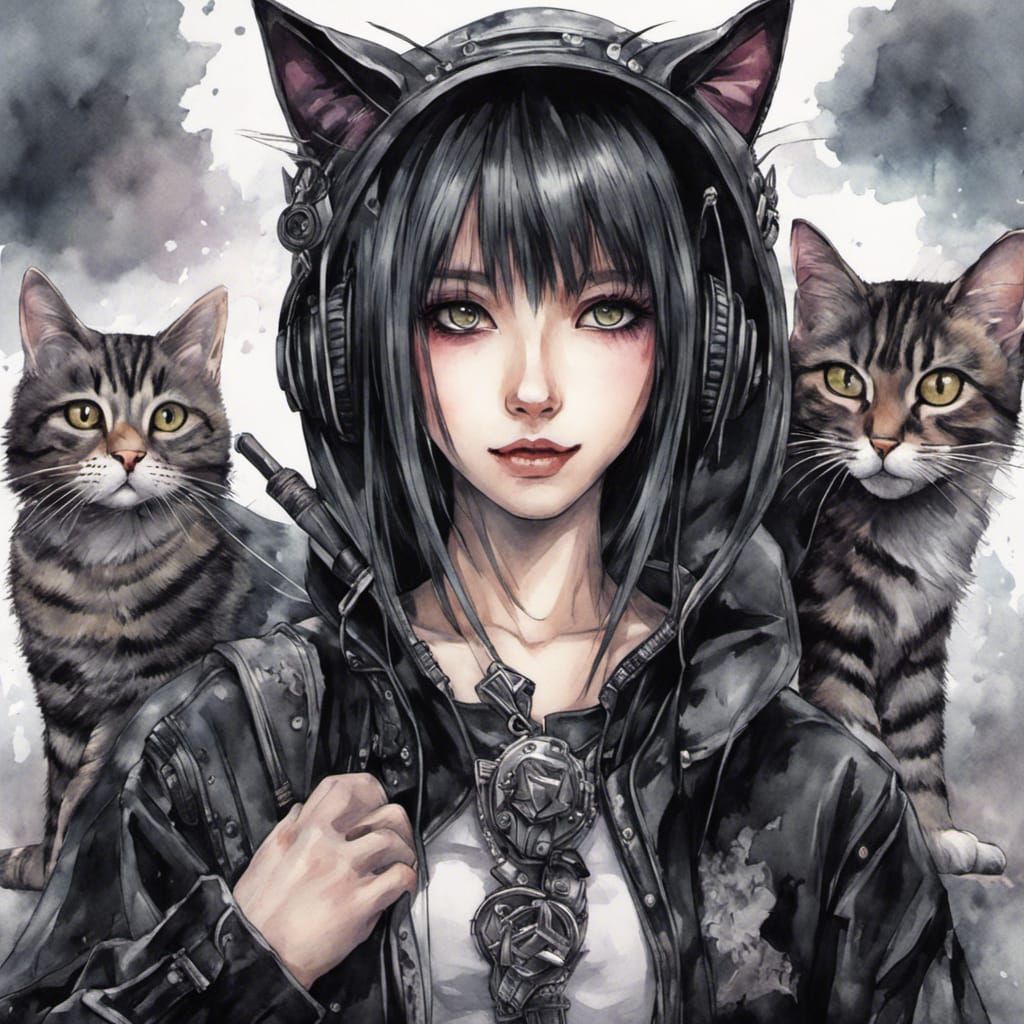 Anime Watercolor Portrait of Gothic Cat Girl