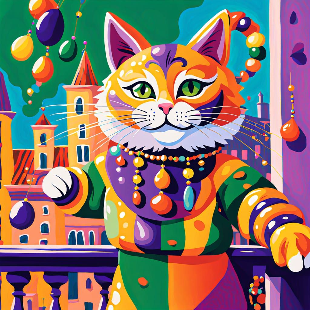 Vibrant Fauvist Cat Throws Beads to Mardi Gras Balcony