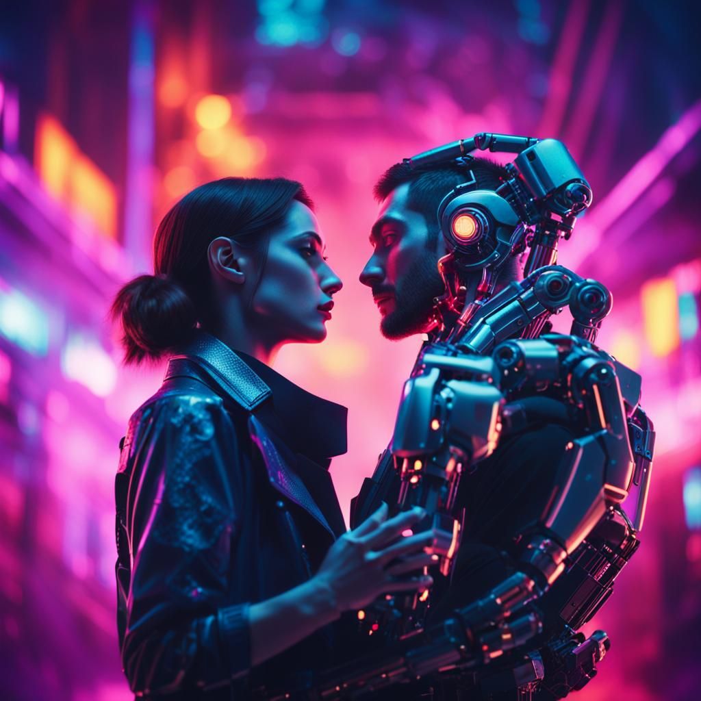 Cyberpunk Romance with Robotic Arm in Neon Light