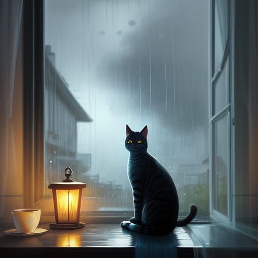 Cozy Cat Watches Rain in Stylized Illustration