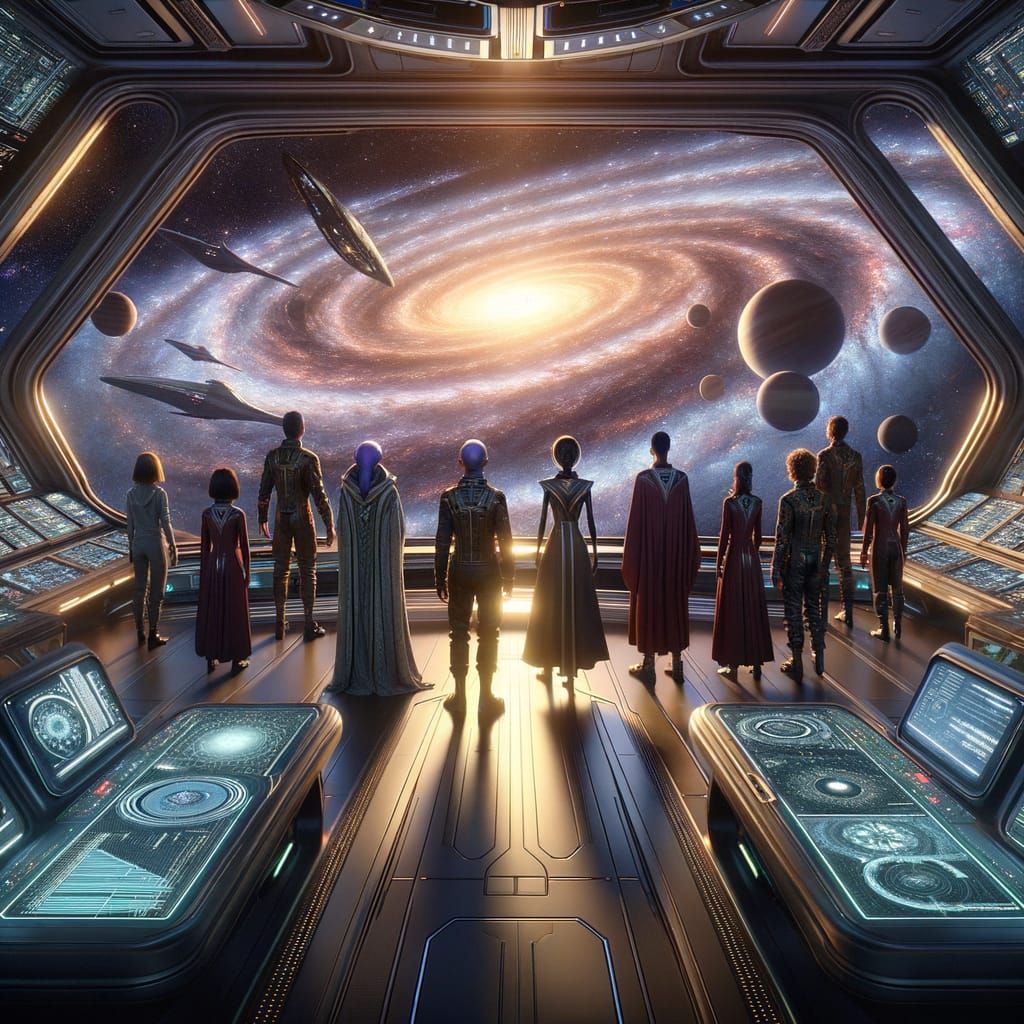 Diverse Explorers on Starship Bridge at Sunset