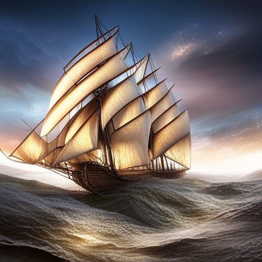 Three-Masted Ship on Rough Ocean in Cinematic 3D