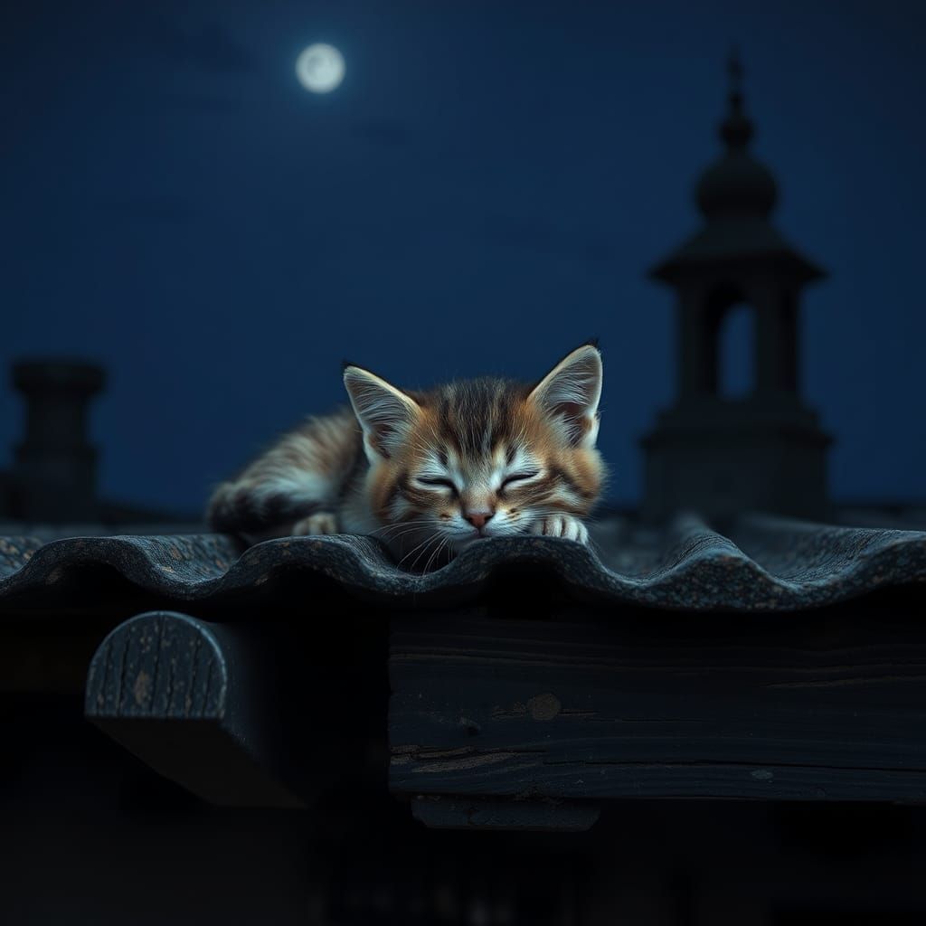 Kitten Sleeping Under a Starless Sky