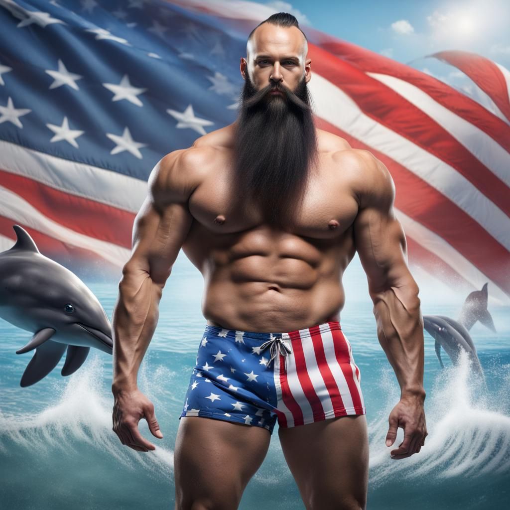 Bodybuilder Flexing with American Flag Swim Trunks