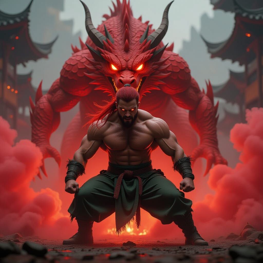 Warrior and Dragon in Crimson Aura, Cinematic Film Still