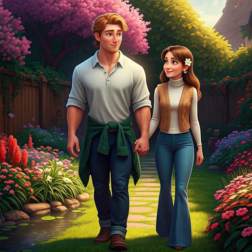 Couple Strolling Through Lush Backyard Garden