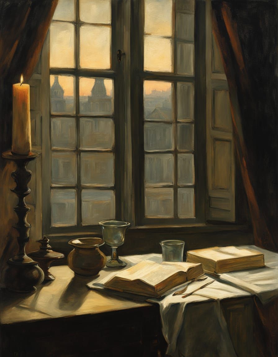 Dawn Interior Oil Painting with Soft Light and Still Life