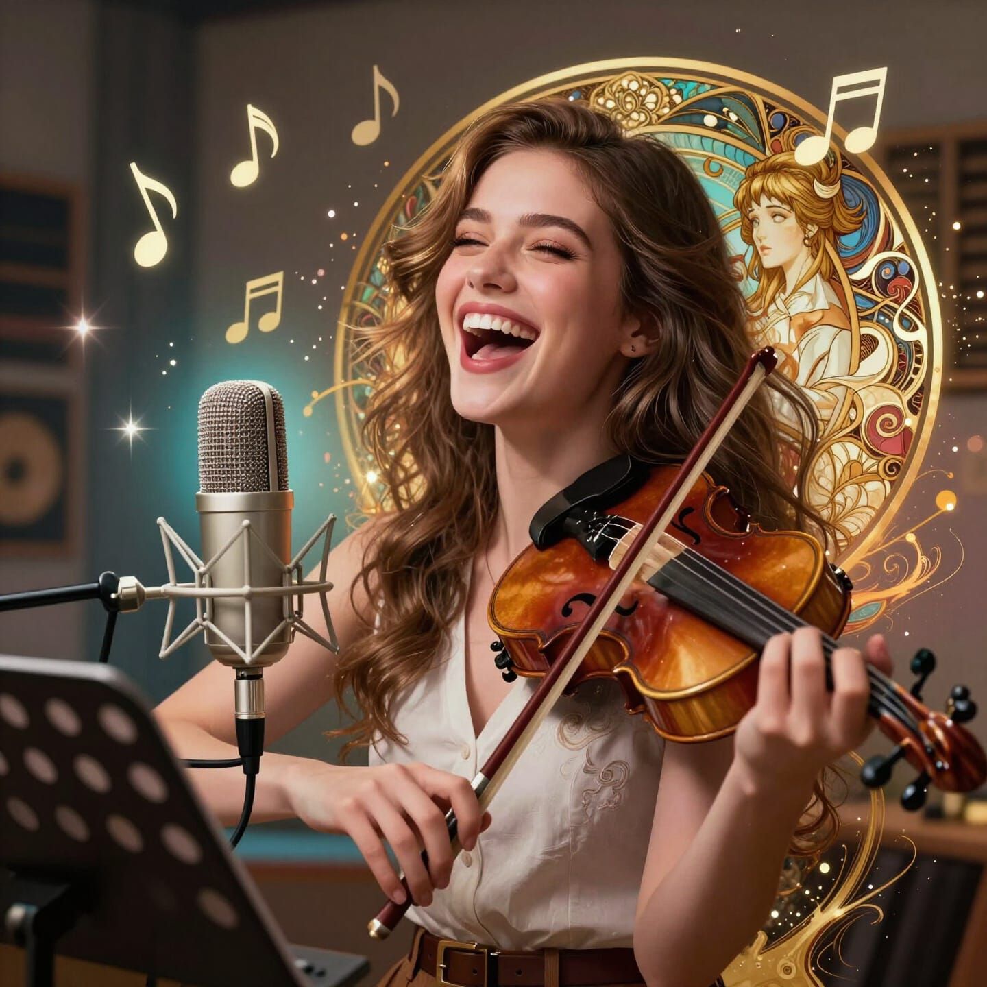 Girl Sings Violin in Studio with Magic Microphone