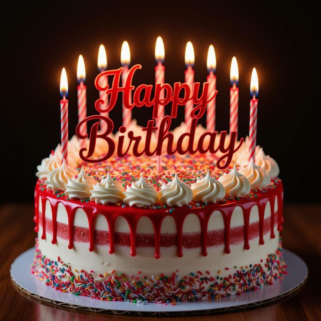 Scarlet Red Multi-Layered Birthday Cake with Candles and Spr...