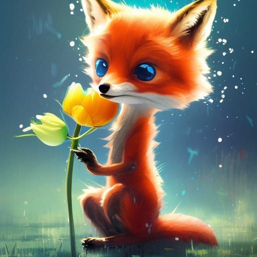 Cute Chibi Fox with Tulip Digital Illustration