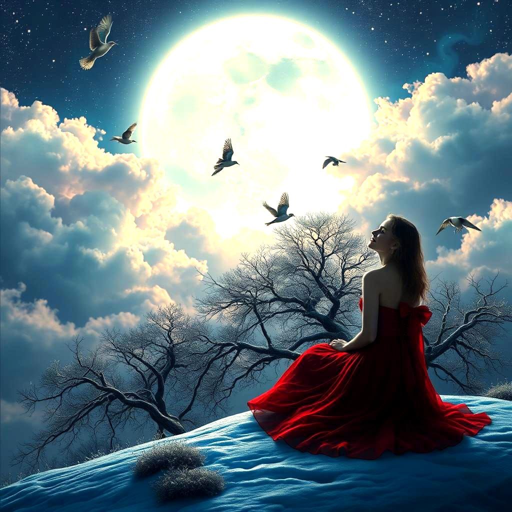 Woman Gazing at Starry Sky in Detailed Digital Art