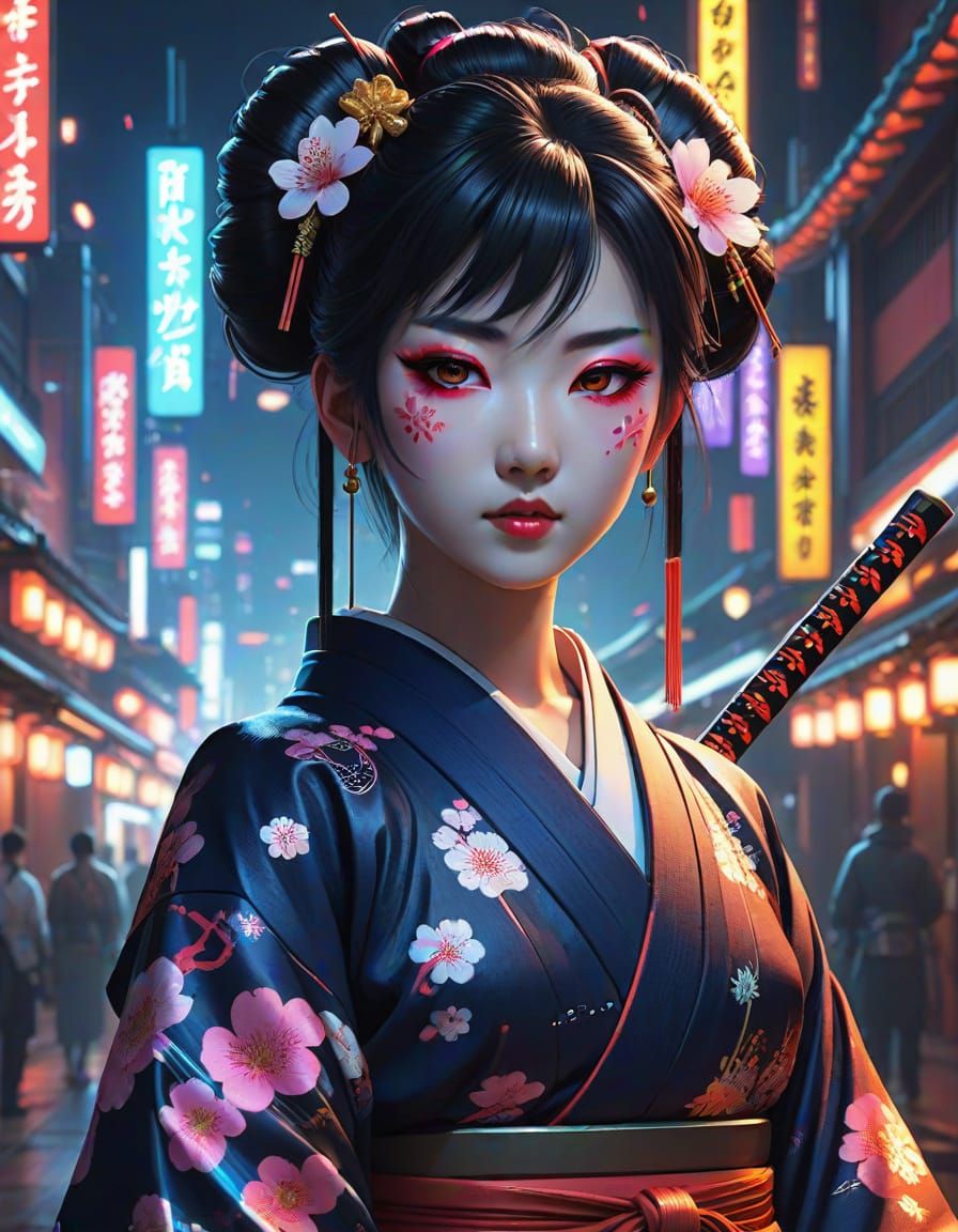 Cyberpunk Geisha in Neon Tokyo Aesthetic