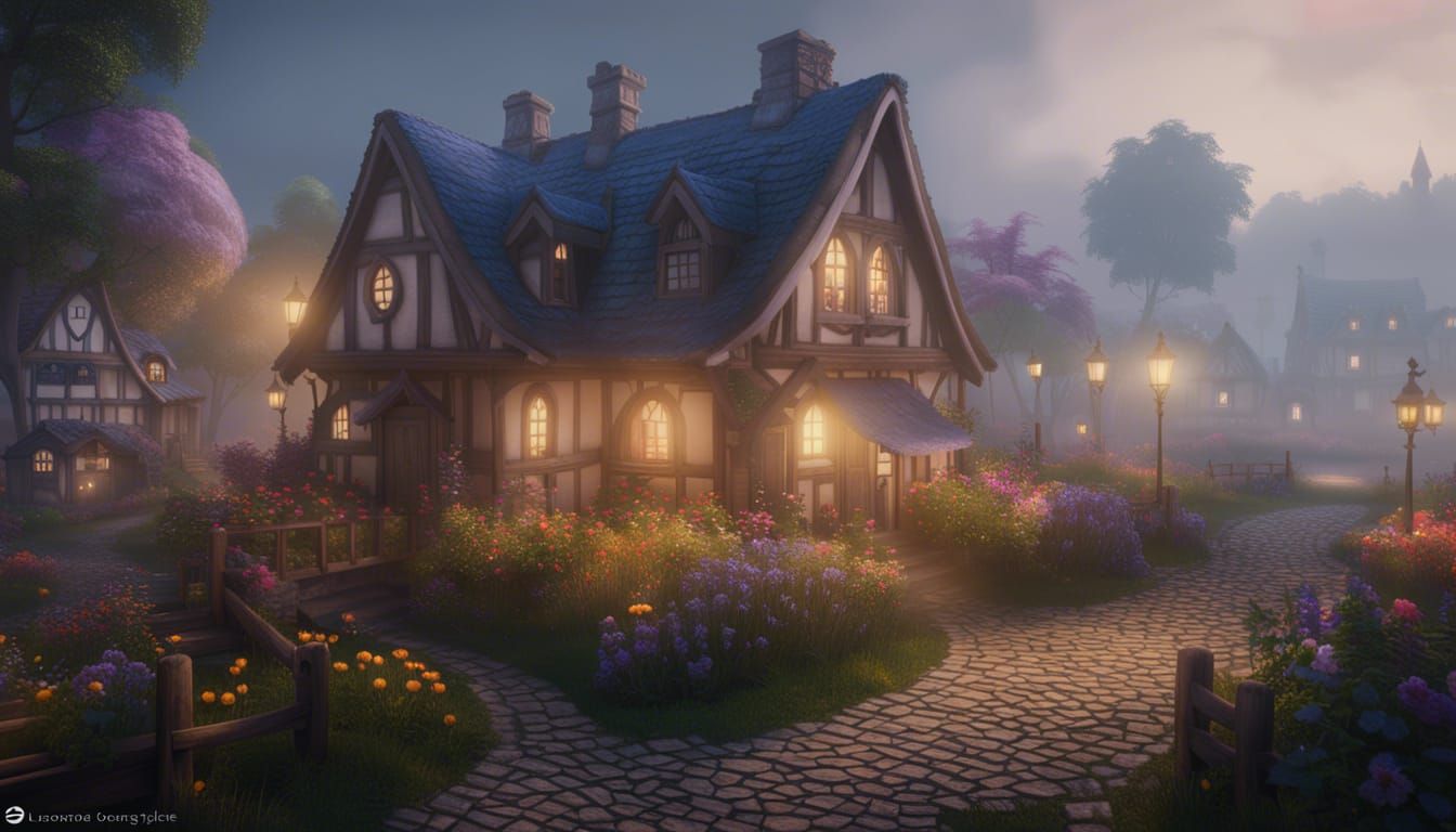 Enchanting Foggy Fae Village in Digital Painting