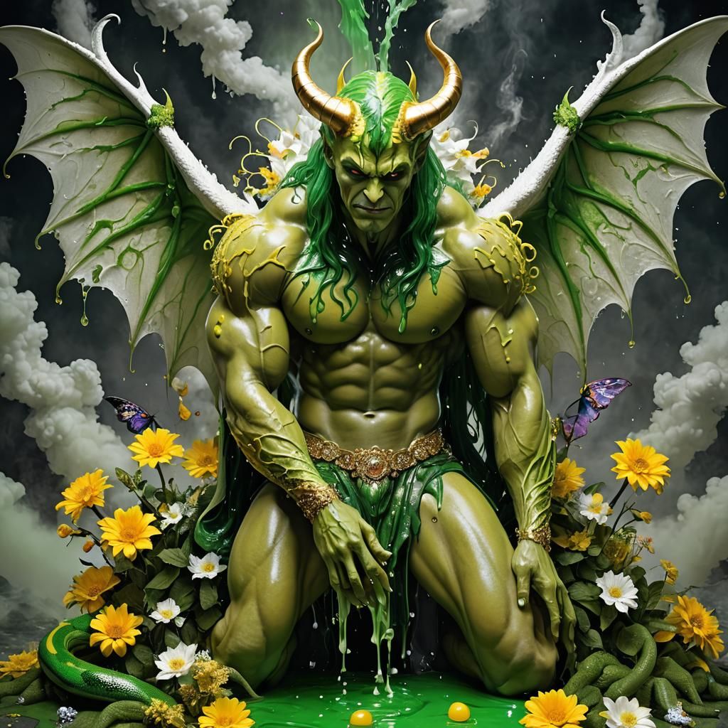 Surreal Devil Kneeling in a Fantasy Garden