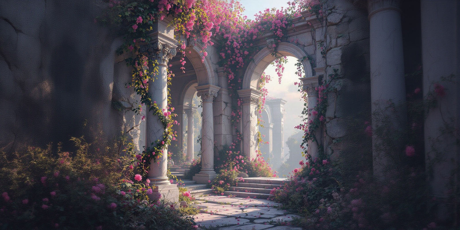 Dreamlike Ruins: A Surreal Floral Fantasy