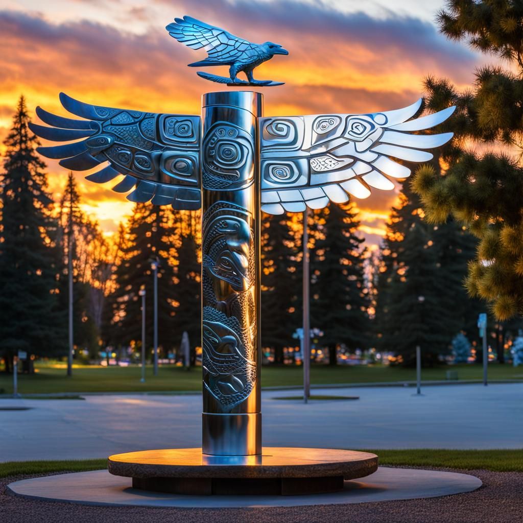 Totem Pole Sculpture at Dusk in Magic Realism Style