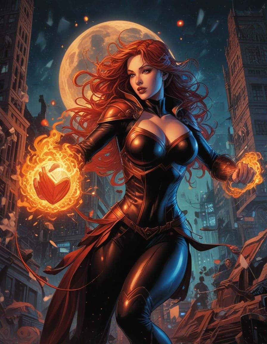 Sorceress of Blazing Flames in Vibrant Comic Book Style