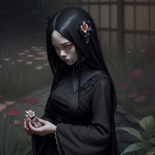 Sad Gothic Girl Sniffing Flower in Garden