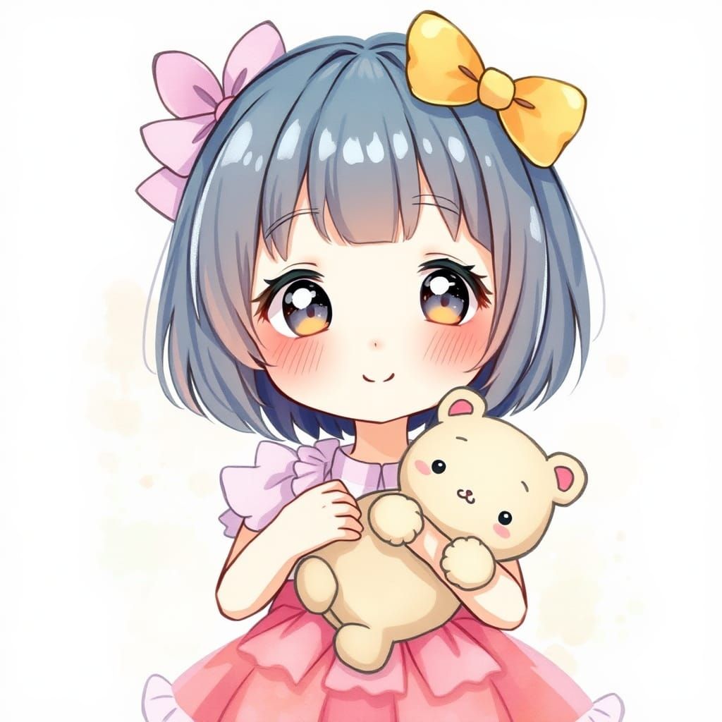 Anime Girl with Stuffed Animal in Watercolor Style