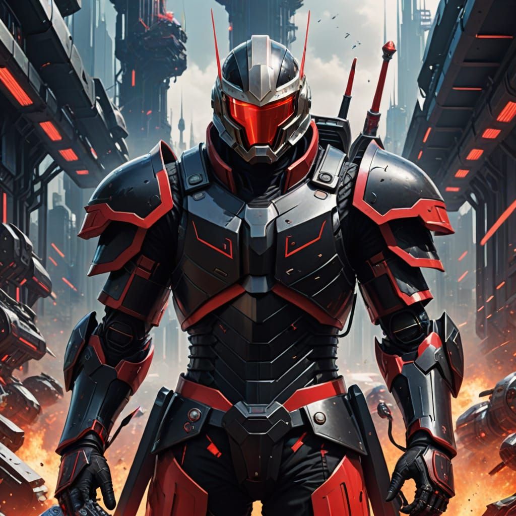 Futuristic Warrior in Black and Red Armor with Gadgets