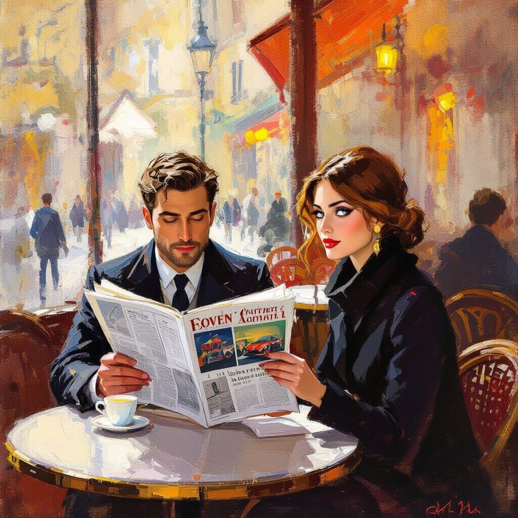 Man at Cafe Gazes at Woman, Impressionist Style