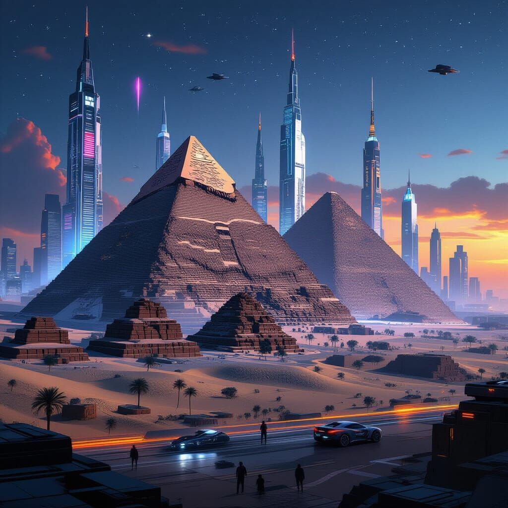 Futuristic Egyptian Pyramids in Cyberpunk Cityscape
