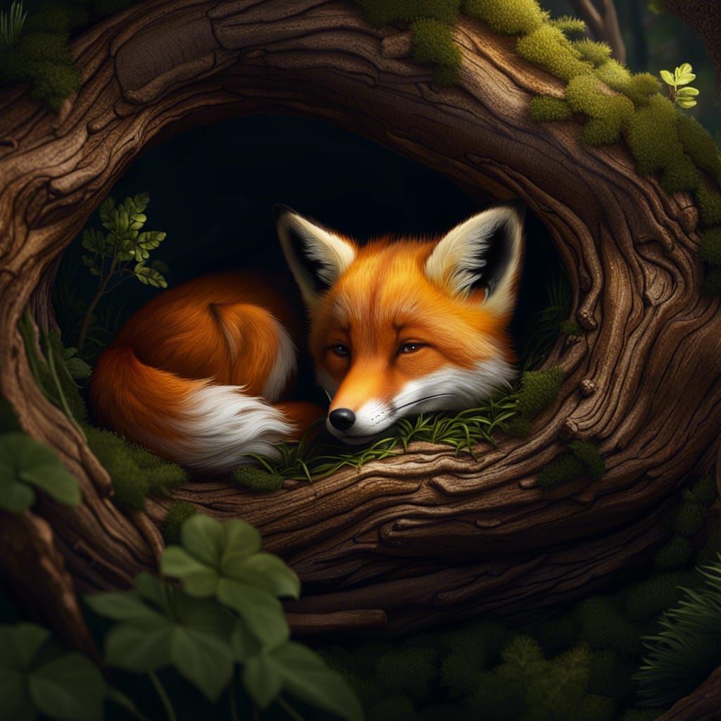 Fluffy Fox Pup Sleeping in Hollow Tree