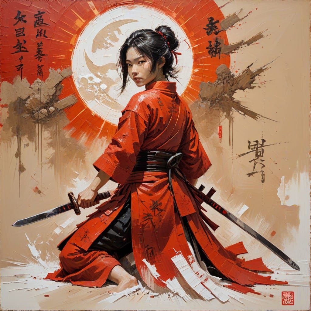 Samurai in Red with Sword as Impasto Painting