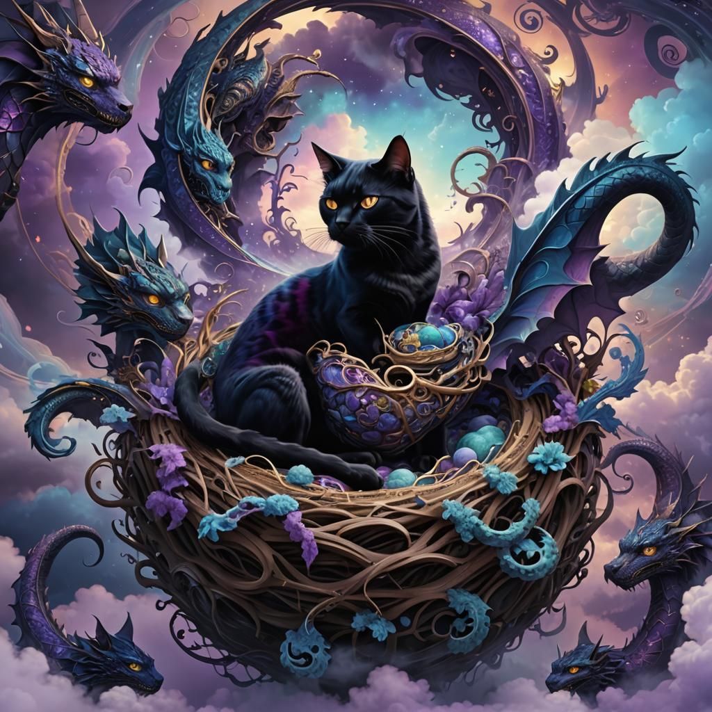 Black Cat in Fractal Dragon Nest: Surreal Digital Art