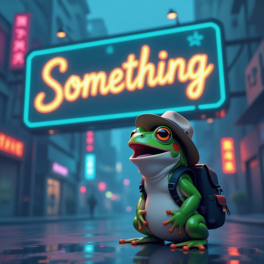 Surprised Frog in Cyberpunk Cityscape with Neon Sign