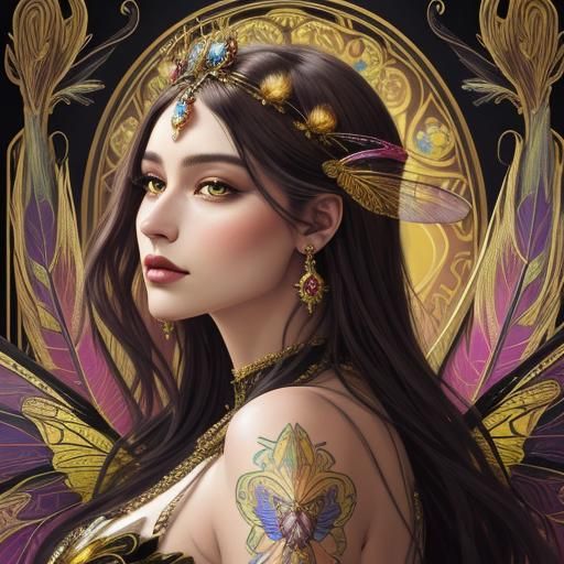 Art Nouveau Goddess with Dragonfly Wings in Hyperrealism