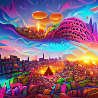 Psychedelic Sunrise Over Futuristic Cityscape