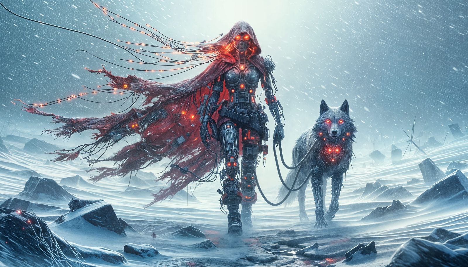 Cybernetic Red Riding Hood in Frozen Wasteland