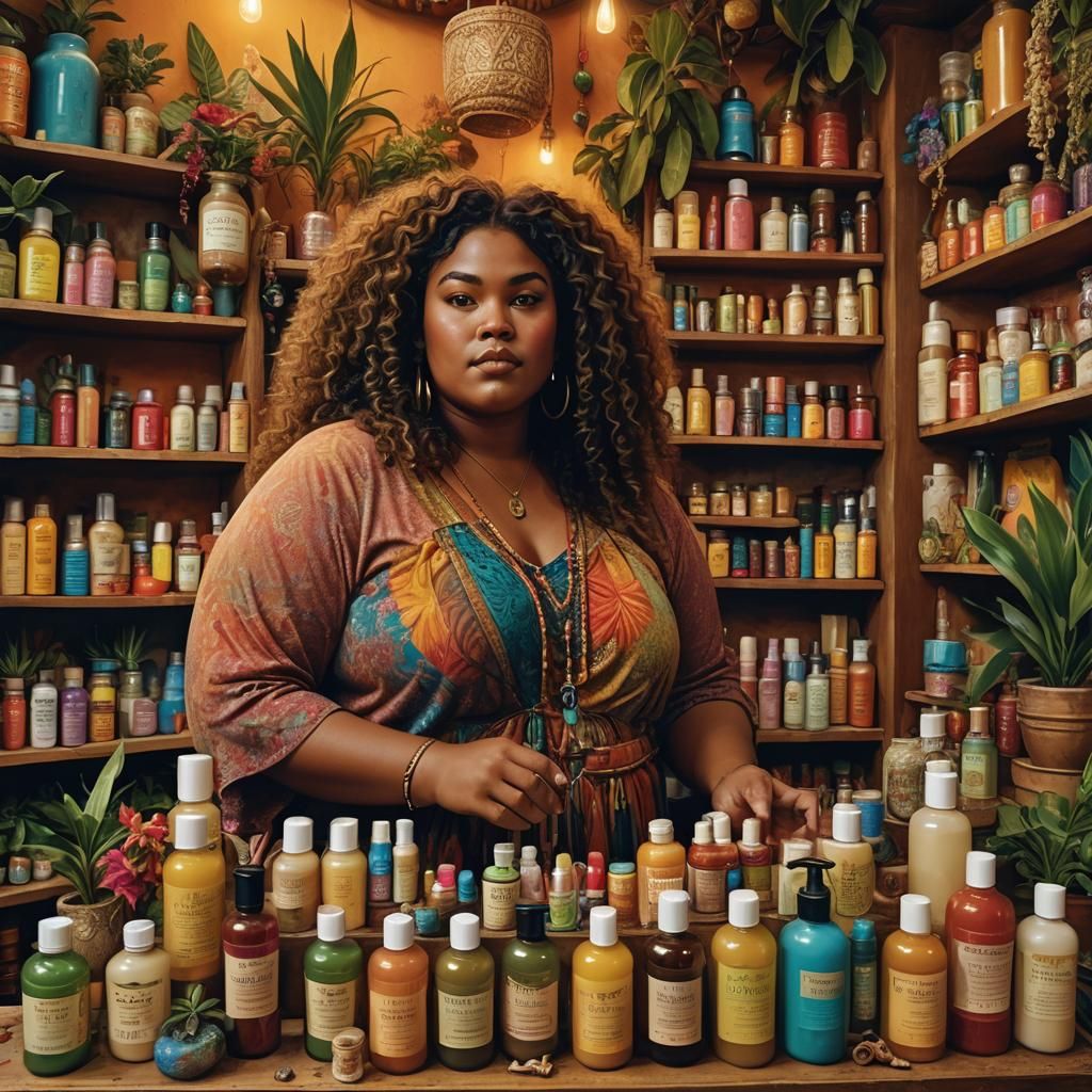 Caribbean Woman in Boho Store with Golden Lighting