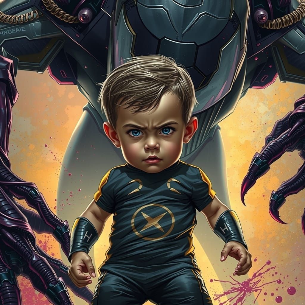 Child Superhero Confronts Carnage in Hyperrealistic Style