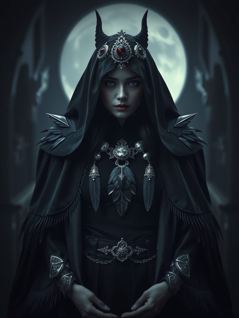 Gothic Crow Goddess in Black Cloak, Cinematic Portrait