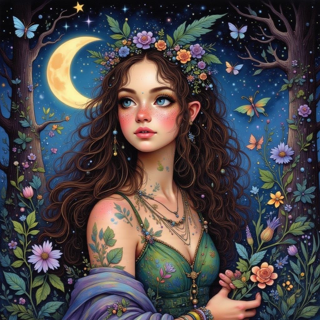 Dreamy Brunette Woman in Ethereal Moonlit Dreamscape