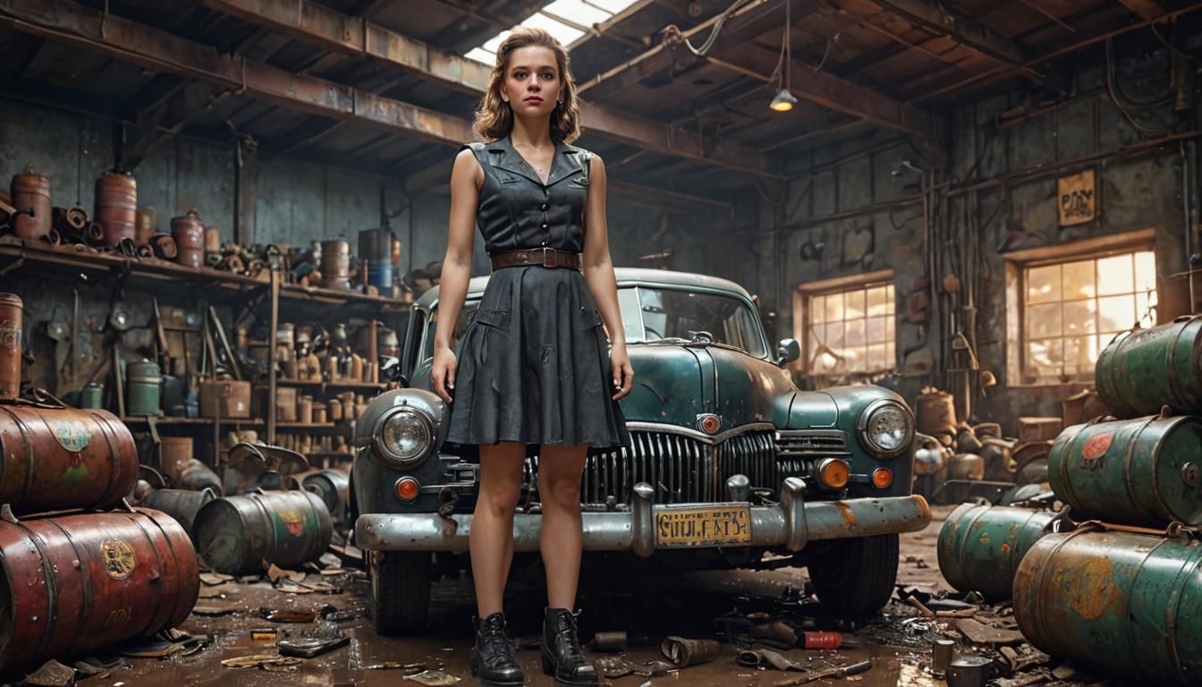 Dieselpunk Girl in Industrial Workshop at Sunset