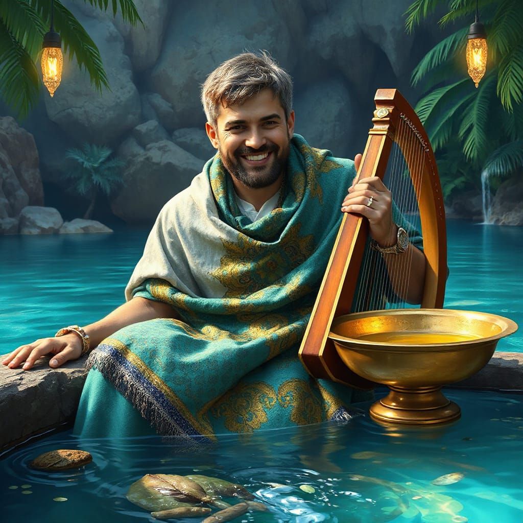 Man in Luxurious Quilt by Tropical Stream