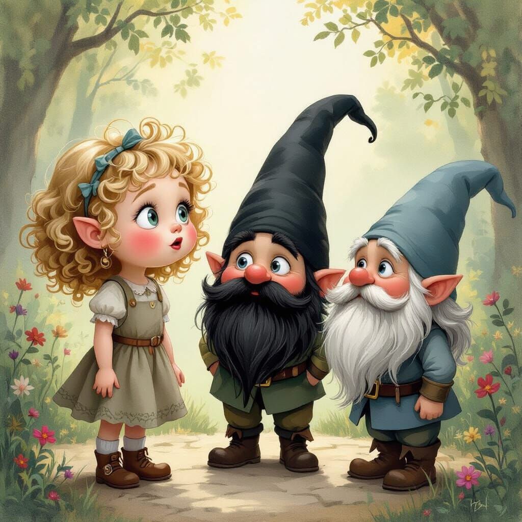 Girl and Gnomes in Whimsical Fantasy Art Style