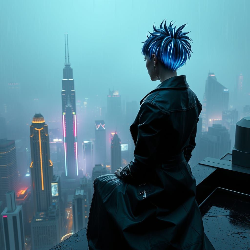 Cyborg Woman Contemplates Cityscape at Night