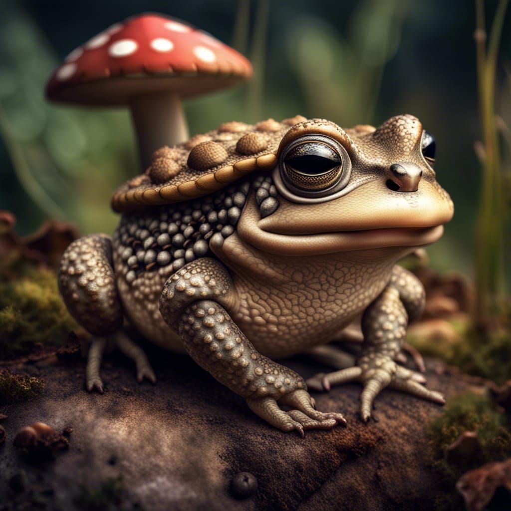Smiling Toad on Toadstool in Hyperrealistic Style