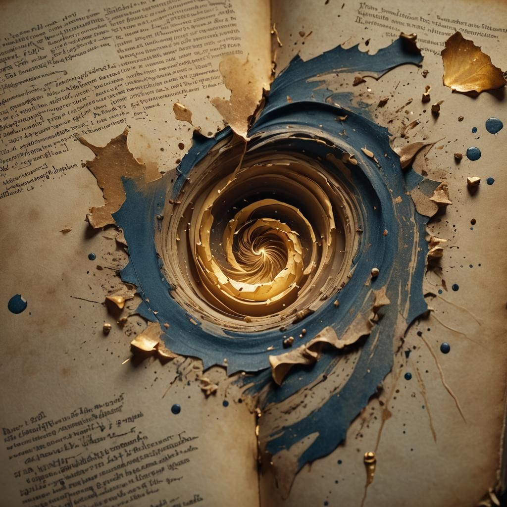 Ancient Book Page Torn in Swirling Vortex