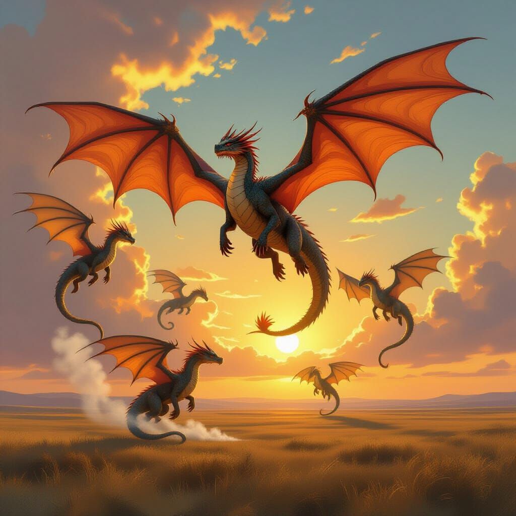 Majestic Dragon Flock Soaring in Golden Hour Light