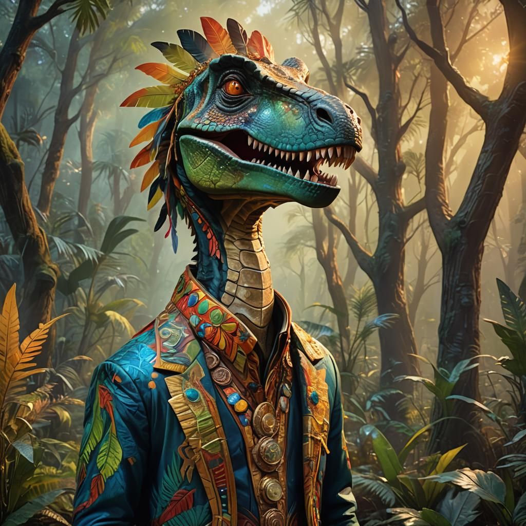 Dinosaur in African Attire, 3D Cartoon Fantasy Art
